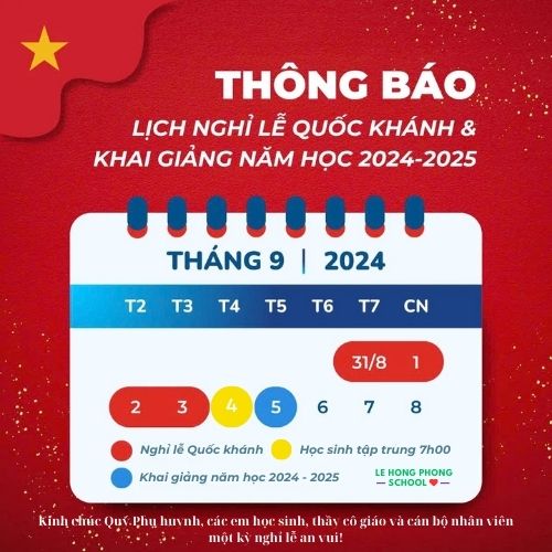 THÔNG BÁO LỊCH NGHỈ LỄ QUỐC KHÁNH & KHAI GIẢNG NĂM HỌC 2024 - 2025